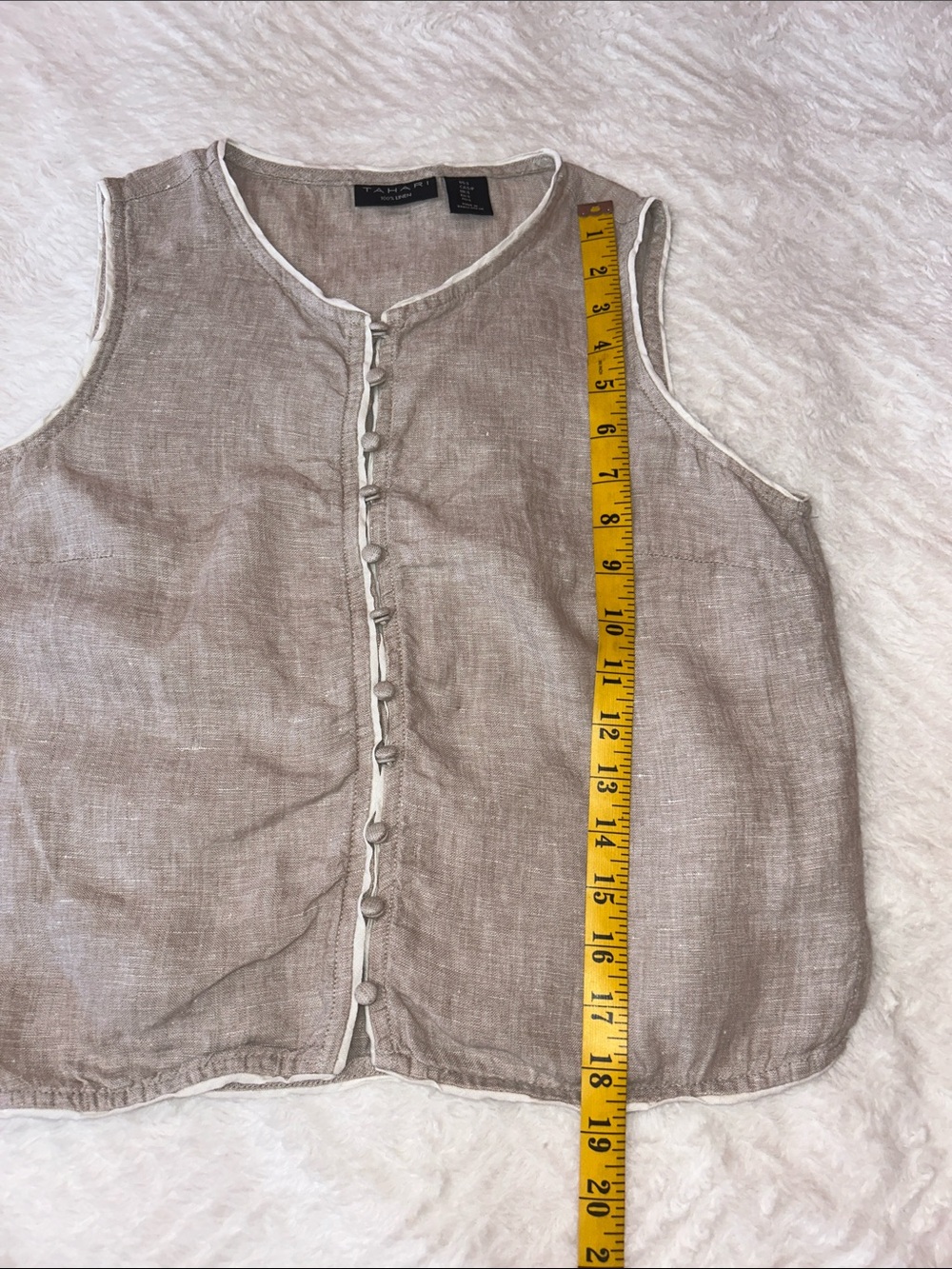 Tahari Taupe Linen Sleeveless Button-Front Top with Cream Trim - Picture 5 of 7